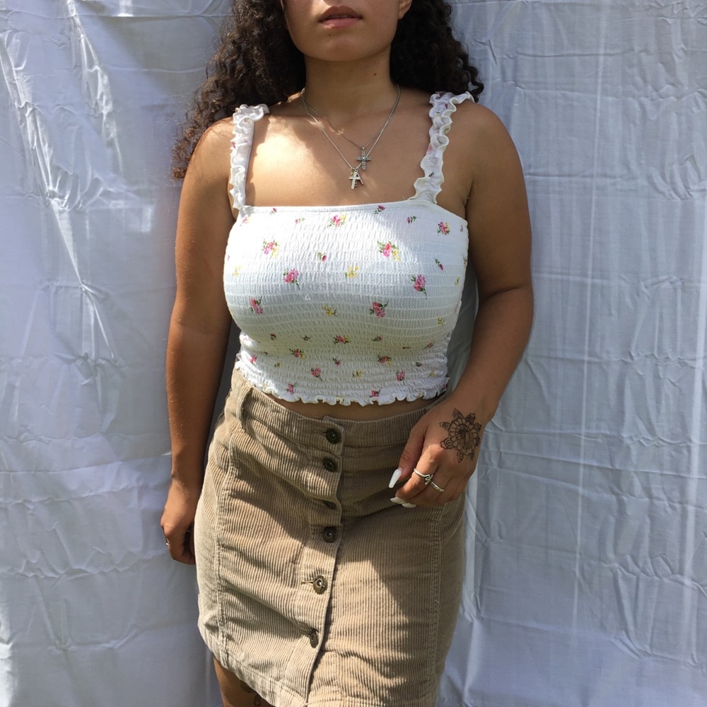 Floral crop top, beige knee length skirt